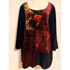 Sag Harbor Woman Tunic Blouse SZ 1X Velvet Patchwork Sedona Artsy Whimsy Paisley